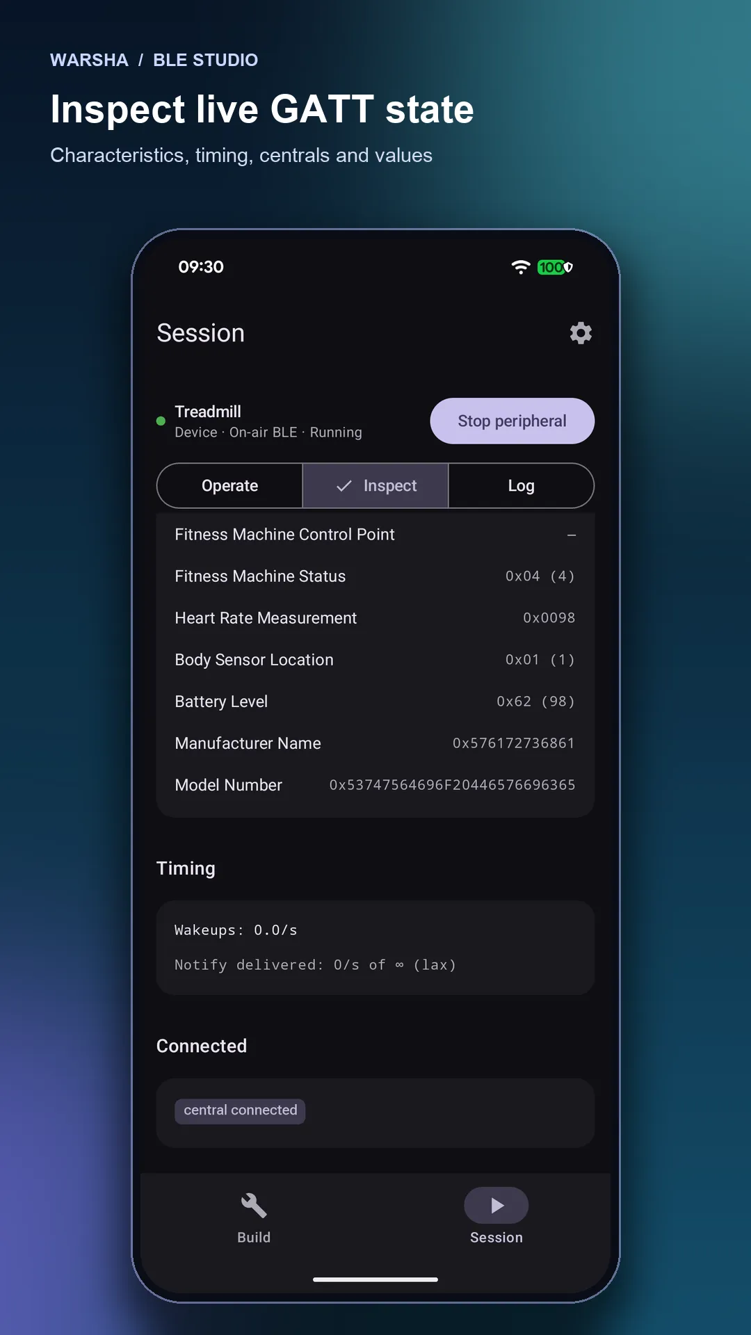Inspect live GATT state: every characteristic's raw value, timing readouts and the connected central.