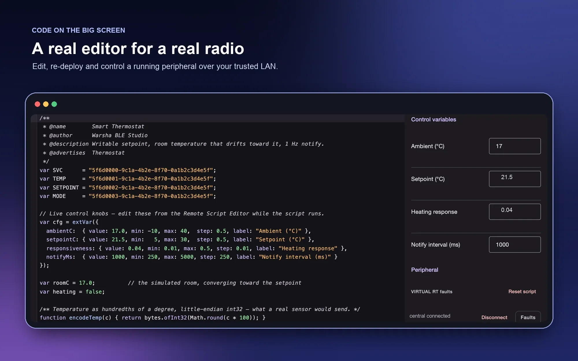 The Remote Script Editor in a browser: a Smart Thermostat script on the left and its live control variables on the right, while the peripheral runs on the phone.