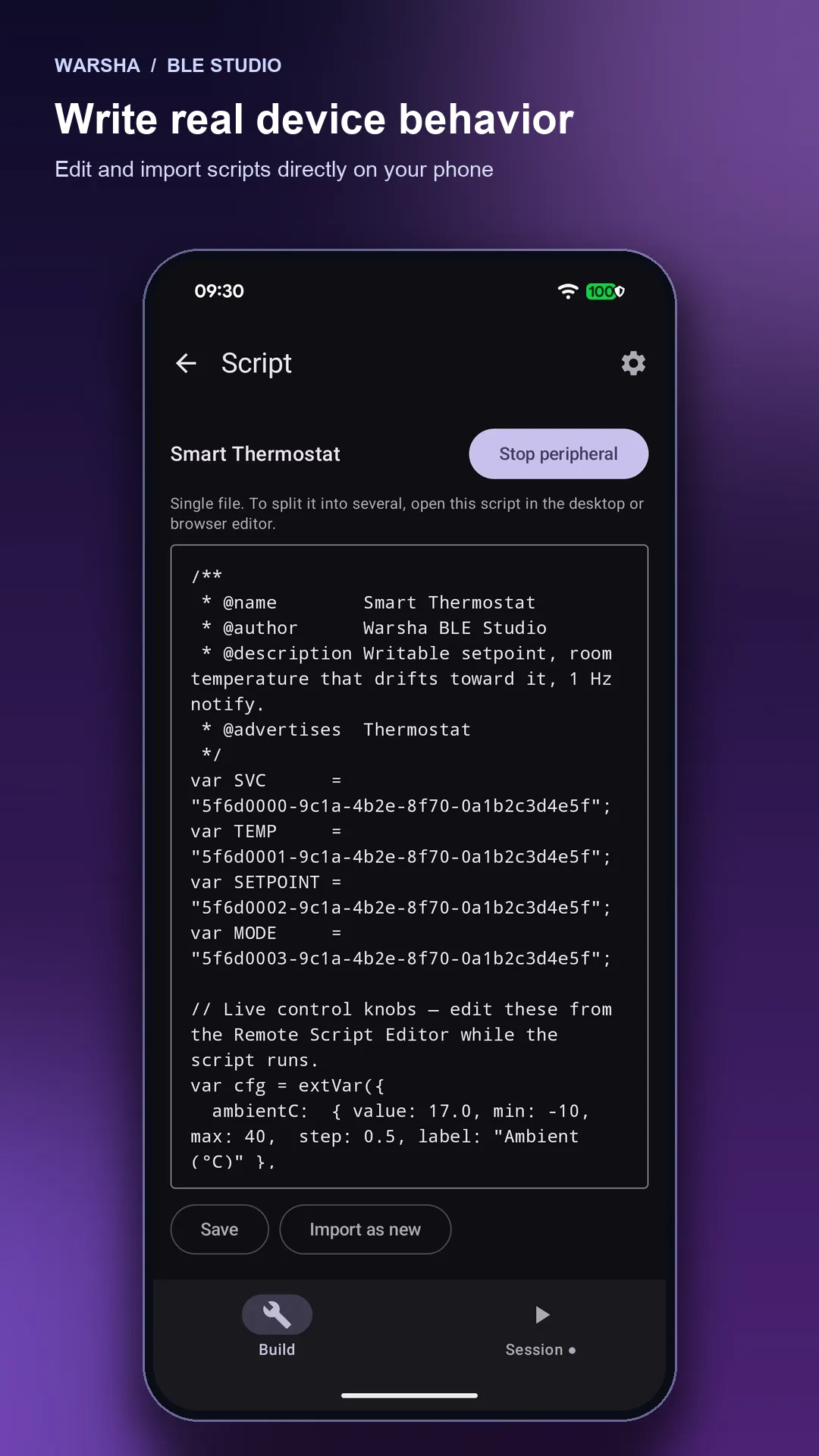 Write real device behavior: a Smart Thermostat script open in the on-phone editor.